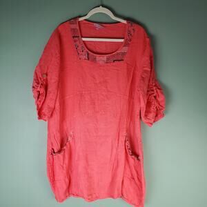 Lin Pour L'autre Womens Coral Linen Lagenlook Tunic Dress Size 46